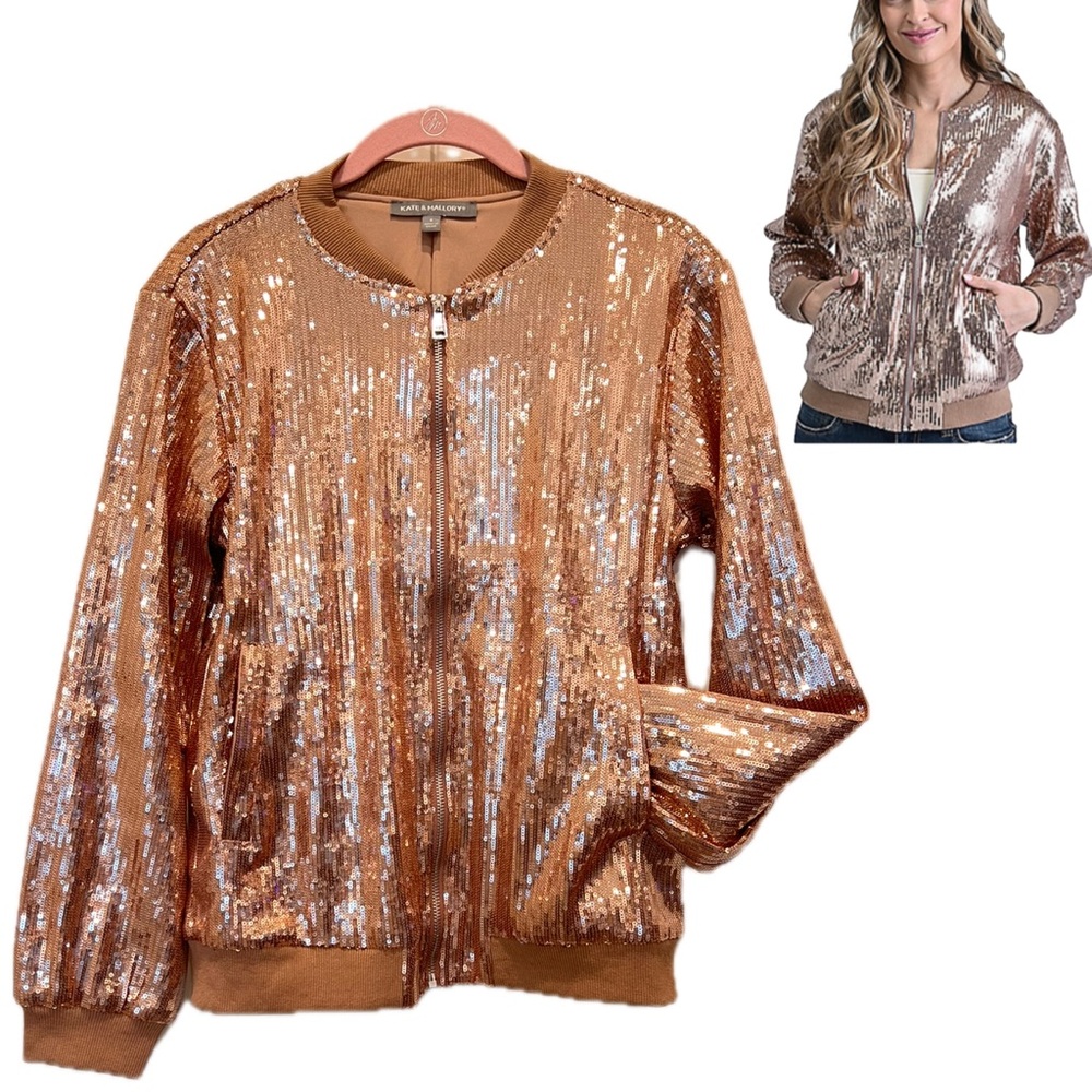 NWOT Sequin Bomber Jacket SZ S Amphora, Gold, Copper, Brown tones Never Worn